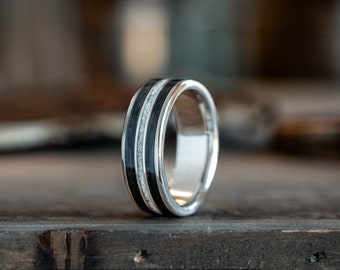 Elk Antler and Whiskey Barrel Men's Wedding Band in Solid Gold Ring - The Frontiersman in Gold - Rustic and Main