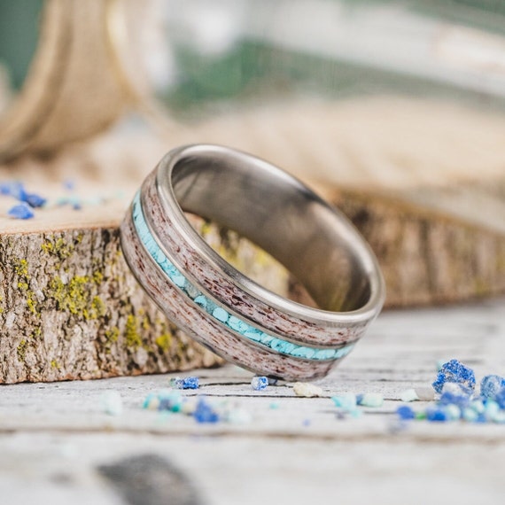 Turquoise Antler Titanium Ring the Huntsman Wedding Band Rustic