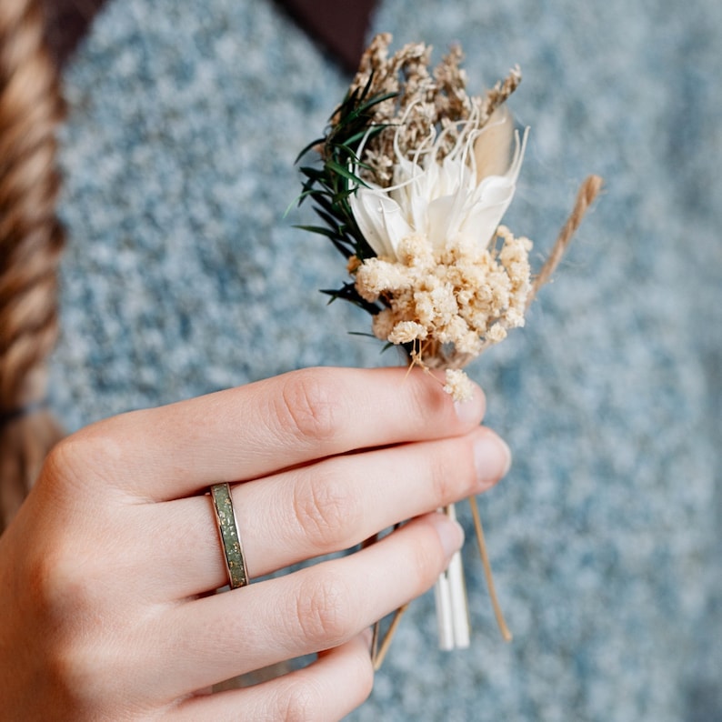 Peridot and Recycled Gold Ring for Women - The Aurora Womens Wedding Band with Silver and Gold Flakes - Rustic and Main