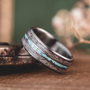 Men's Turquoise Elk Antler Titanium Ring, Metal Wedding Band for Hunter, Rustic and Main, The Huntsman image 1