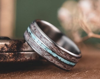 Men's Turquoise Elk Antler Titanium Ring, Metal Wedding Band for Hunter, Rustic and Main, The Huntsman