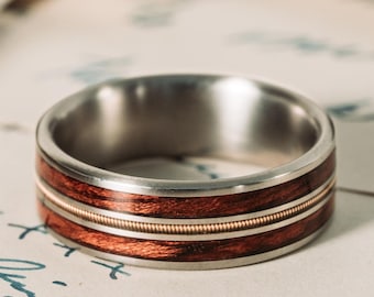 Guitar String & Bloodwood Ring - The Lucy Titanium Wedding Band for Him - Rustic and Main