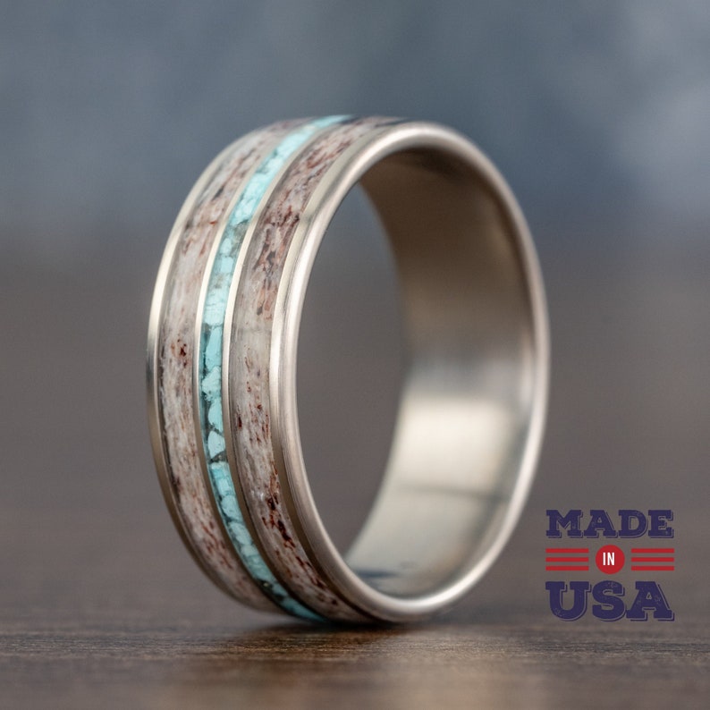 Men's Turquoise Elk Antler Titanium Ring, Metal Wedding Band for Hunter, Rustic and Main, The Huntsman image 8