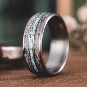 Men's Turquoise Elk Antler Titanium Ring, Metal Wedding Band for Hunter, Rustic and Main, The Huntsman image 3