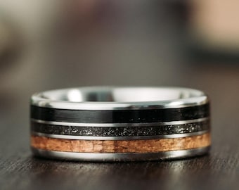 USS NJ Battleship Teak & Whiskey Barrel Wood Ring with Meteorite - The Mariner Titanium Wedding Band for Him - Rustic and Main