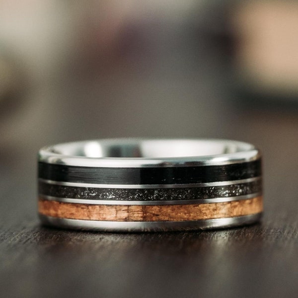 USS NJ Battleship Teak & Whiskey Barrel Wood Ring with Meteorite - The Mariner Titanium Wedding Band for Him - Rustic and Main