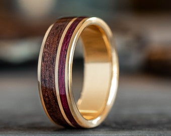 10K/14K Solid Gold Men's Wedding Band with M1 Garand Wood and Purple Heart Wood Inlays - The Valor Gold Ring - Military Ring - Gift for Him