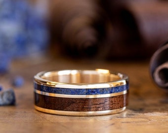 Men's Gold Lapis Lazuli Wedding Band with Antique Walnut Wood - The Guide Ring - Rustic and Main