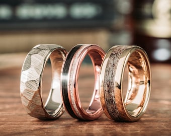 CUSTOMIZE Your Ring! 14k or 10k Gold Wedding Band with Materials of Your Choice - Whiskey Barrel, Guitar String, Meteorite, Flowers, & More!