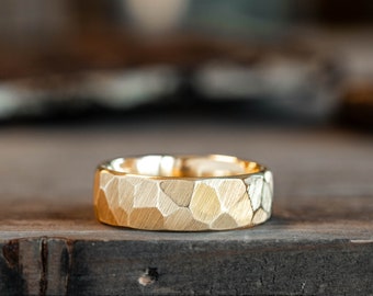 Hammered Yellow Gold Men's Wedding Band - The Apollo - Faceted 100% Recycled 10k or 14k Gold Ring -Wedding Jewelry - Rustic and Main
