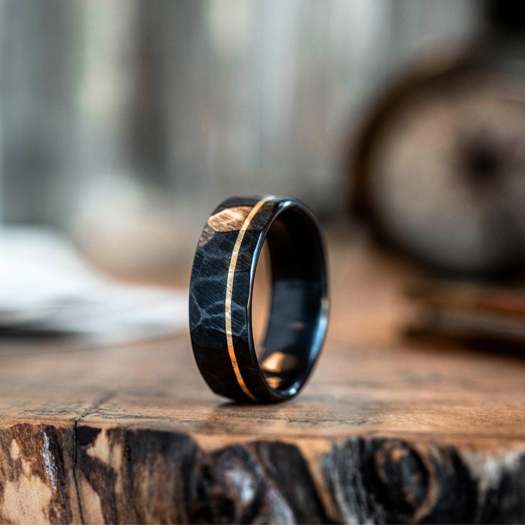 Men's Hammered Black Titanium Wedding Band With Offset Inlay - Black ...