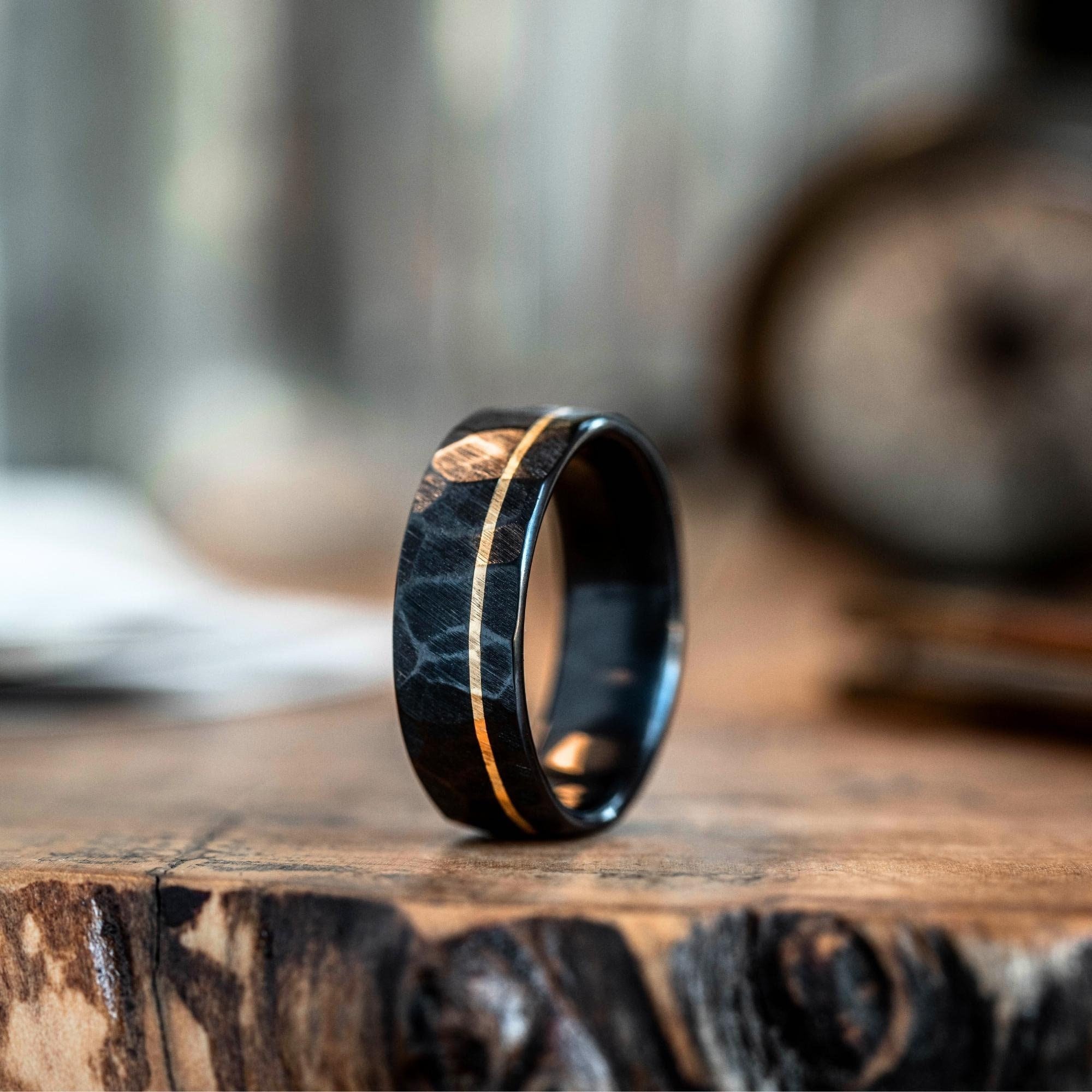Men's Hammered Black Titanium Wedding Band With Offset Inlay