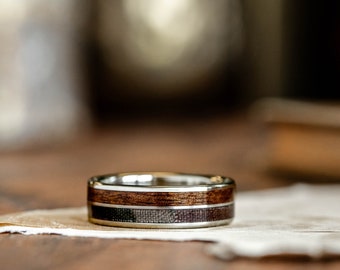 Men's Gold Custom Military Uniform Wedding Band with M1 Garand Rifle Stock Wood - The Guardian Ring - Rustic and Main