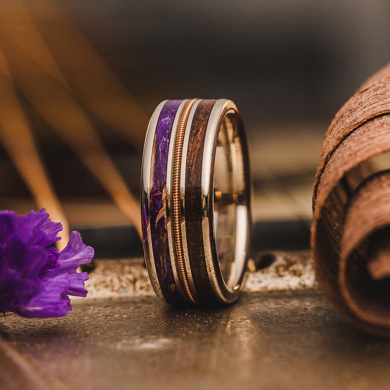 CUSTOMIZED FLOWER ring 14k or 10k Gold, Titanium, or Wood Base with Your Choice of Materials. Create a Wedding Band That Tells Your Story image 4