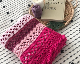 Handmade Crochet Pink Net Blanket / Crocheted Afghan