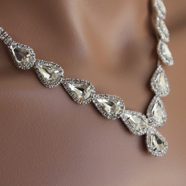 Bridal jewelry set, Teardrop Rhinestone Necklace, vintage inspired  rhinestone crystal ,Necklace with Earring, wedding jewelry set
