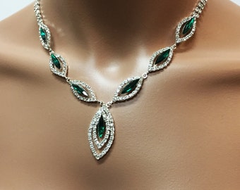 Bridal jewelry set,  vintage inspired Silver, Emerald rhinestone crystal ,Necklace with Earring, wedding jewelry set