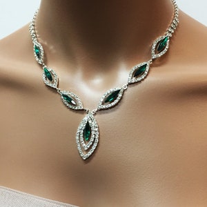 Bridal jewelry set,  vintage inspired Silver, Emerald rhinestone crystal ,Necklace with Earring, wedding jewelry set