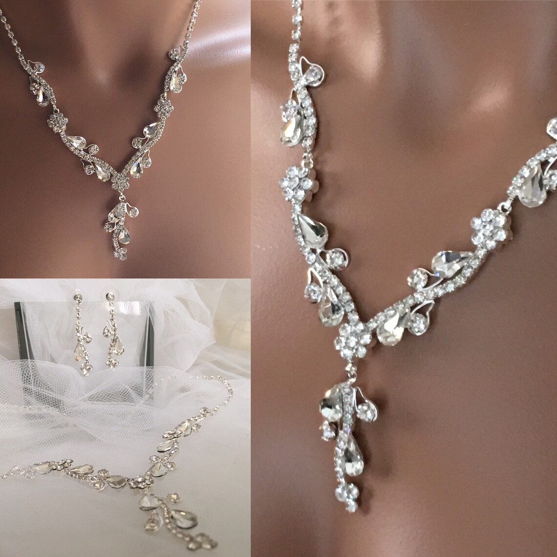 Fashion Indian Blue Rhinestone Wedding Jewelry Sets for Brides Bridal Necklace & Earrings Set Party Costume Decoration for Women - Camellia Vines