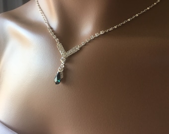 Green Bridal jewelry set,  vintage inspired Silver, Emerald rhinestone crystal ,Necklace with Earring, wedding jewelry set