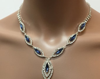 Bruidssieradenset, vintage geïnspireerd marineblauw strassteen, ketting met oorbel, bruiloftssieradenset