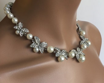 Butterfly Bridal jewelry set modern Necklace with Earring, Pearls Crystals, Costume Jewelry Wedding Set