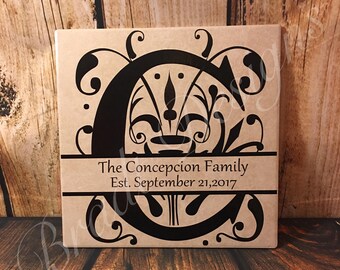 Monogram Home decor customizable ceramic Tile, family name wedding gift