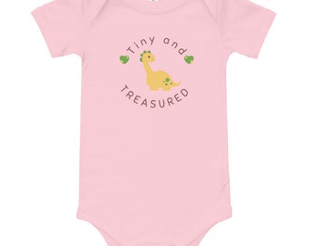 Pink Baby short sleeve bodysuit, Dinosaur, hearts, green, yellow, New baby gift