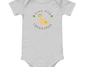 Grey Baby short sleeve bodysuit, Dinosaur, hearts, green, yellow, New baby gift