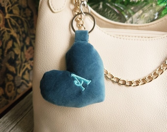 Monogram Plush Puffy Heart Velvet Bag Charm Embroidered Keychain