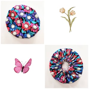 May include: A set of three shower caps with floral patterns. The caps are made of a soft, waterproof material and are designed to protect your hair from water damage. The caps are available in a variety of colors and patterns.