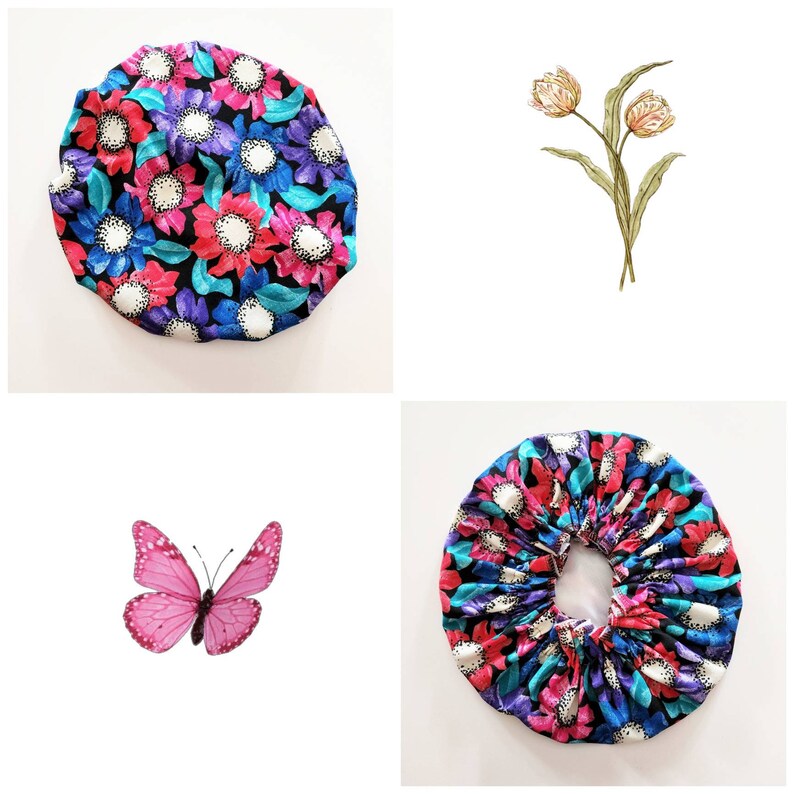 May include: A set of three shower caps with floral patterns. The caps are made of a soft, waterproof material and are designed to protect your hair from water damage. The caps are available in a variety of colors and patterns.