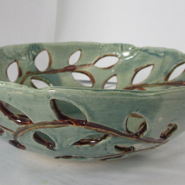 Carved cut-out leaves fruit bowl seafoam green hand made ceramic
