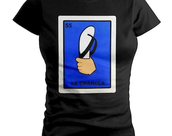 T-shirt ajusté pour femme La Chancla Sandal Loteria Mexican Bingo Game