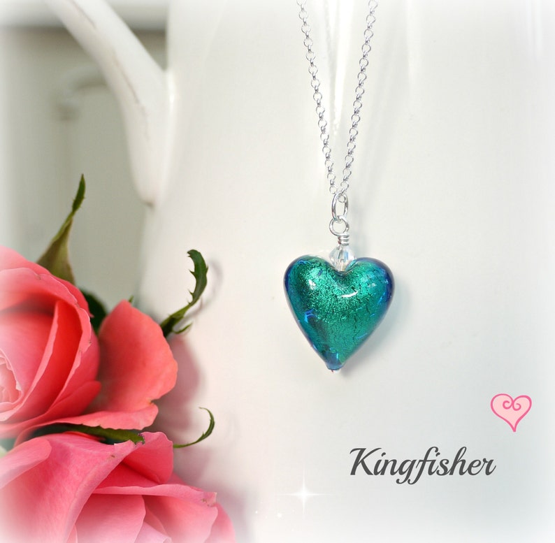 Aqua heart pendant Murano Necklace Kingfisher Murano heart necklace Bridesmaid Gift Bridal Jewellery Glass heart pendant