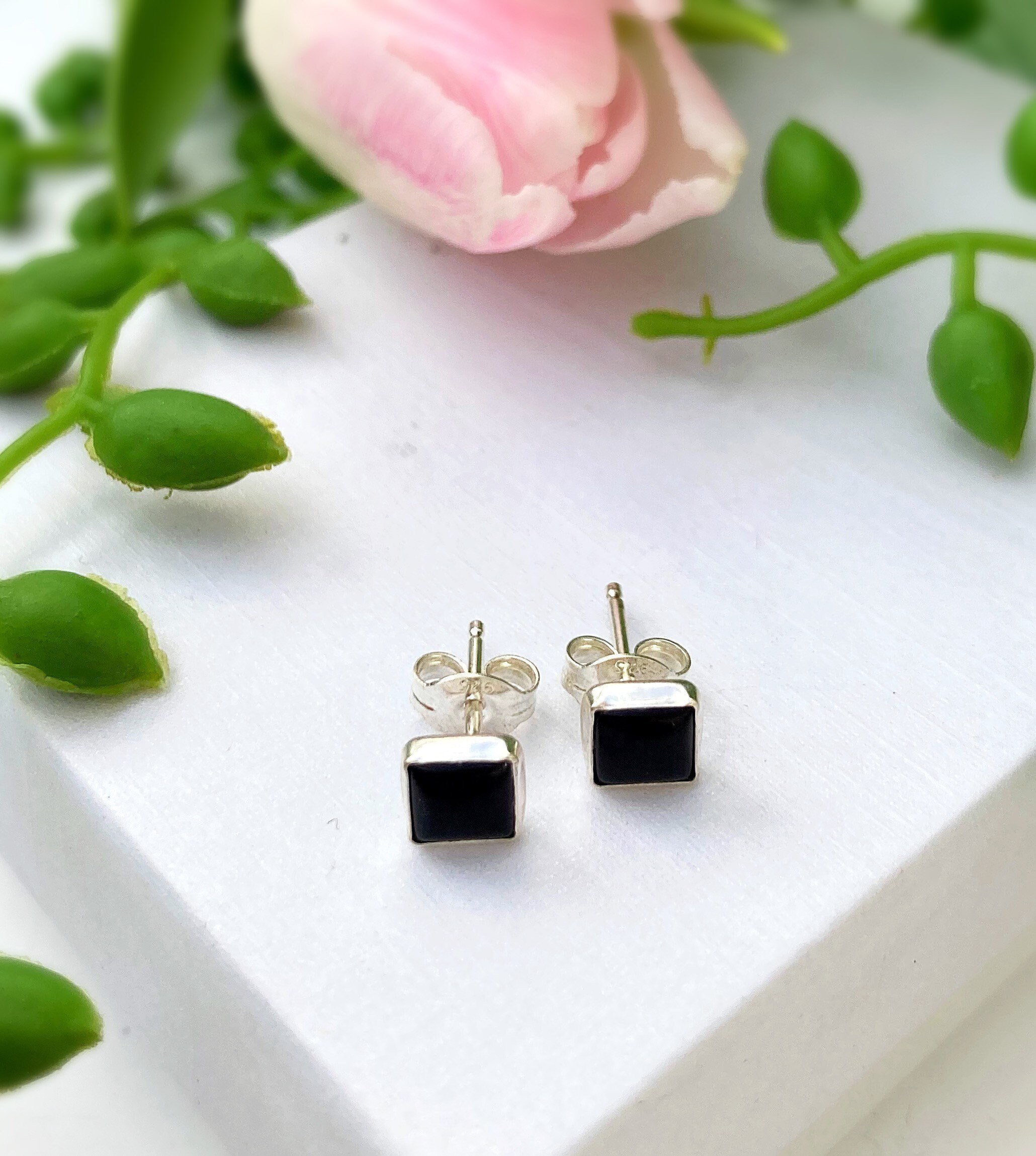 Black square earrings Tiny black earringsSterling silver stud Etsy