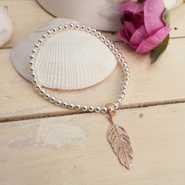 SALE Silver and Rose Gold Feather Bracelet, Stacking Bracelet, Silver Plated Beaded Bracelet, Christmas Gift, Gift for Her