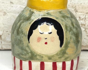 Hand-Painted Ceramic Candle Holder | Whimsical Crown Character Folk Art Pottery