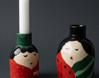 Handgemaakte en handbeschilderde keramische kaarsenhouder set