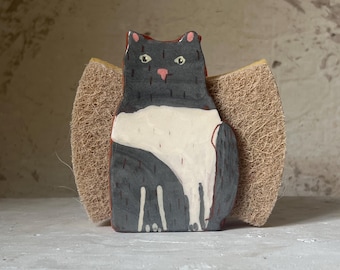 White And Black Ceramic Cat-Sponge Holder-Kitchen Holder-Ceramics And Pottery