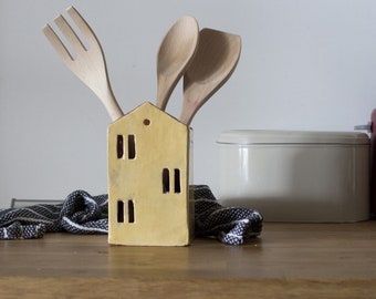 Yellow Kitchen Utensil Holder-Ceramic house-Kitchen Organizer-Ceramics And Pottery