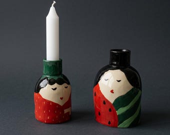 Handmade and Hand-painted Ceramic Candle Holder Set