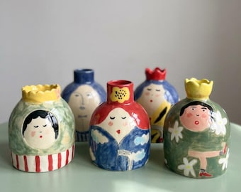 Hand-Painted Ceramic Candle Holder | Whimsical Folk Art Character Pottery