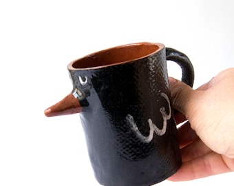 Handmade Black Bird Mug-Ceramic Cup with Beak And Eyes-Whimsical Pottery Animal Mug