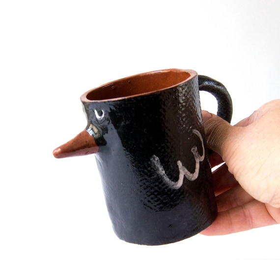 Handmade Black Bird Mug-Ceramic Cup with Beak And Eyes-Whimsical Pottery Animal Mug