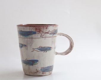 Handmade Ceramic Mug With Blue Fish-Whimsical Pottery Cup-Coastal Kitchen Gift-Ocean Lover Mug-Nautical Mug-Ceramics And Pottery