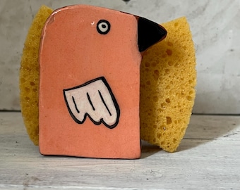 Ceramic Bird Napkin Holder-Sponge Holder-Pink Salmon- Hand Painted