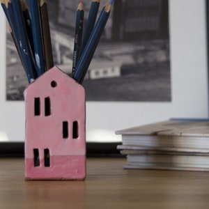 Teacher Appreciation Gift-Candle Holder-Pencil Holder- Pink Ceramic House-Ceramics And Pottery