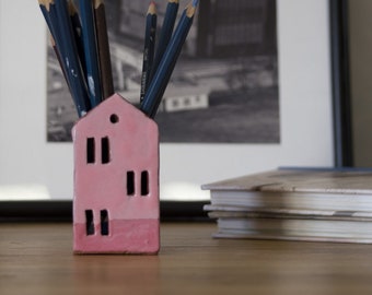 Teacher Appreciation Gift-Candle Holder-Pencil Holder- Pink Ceramic House-Ceramics And Pottery