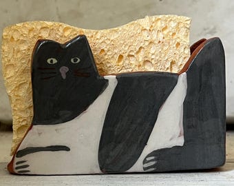Kitchen Sponge Holder- Ceramic Cat-Napkin Holder-Ceramics And Pottery